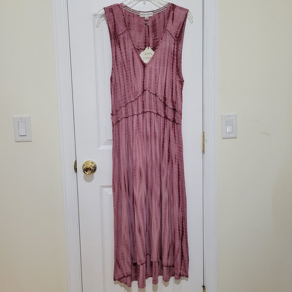Knox Rose Mauve Tie Dye Maxi Dress Large V-Neck Pom Pom Trim Boho High Low Hem